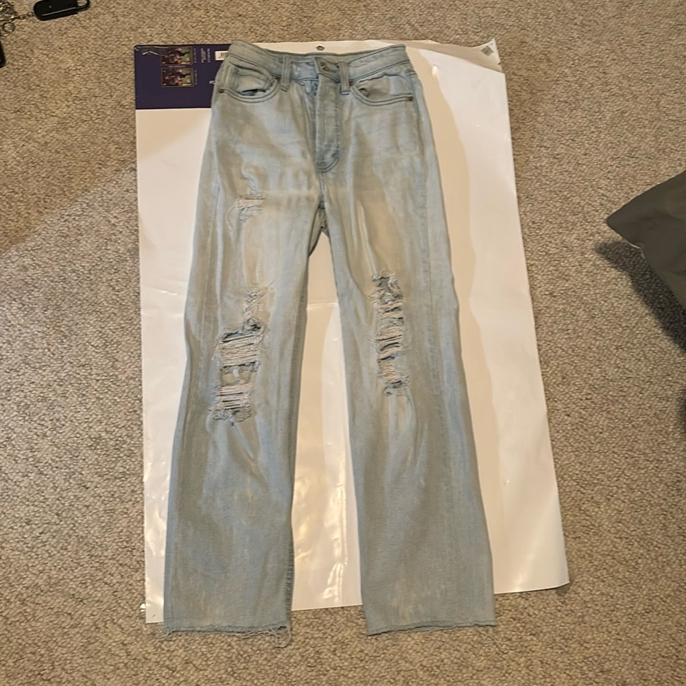 light blue ripped high rise straight leg jeans